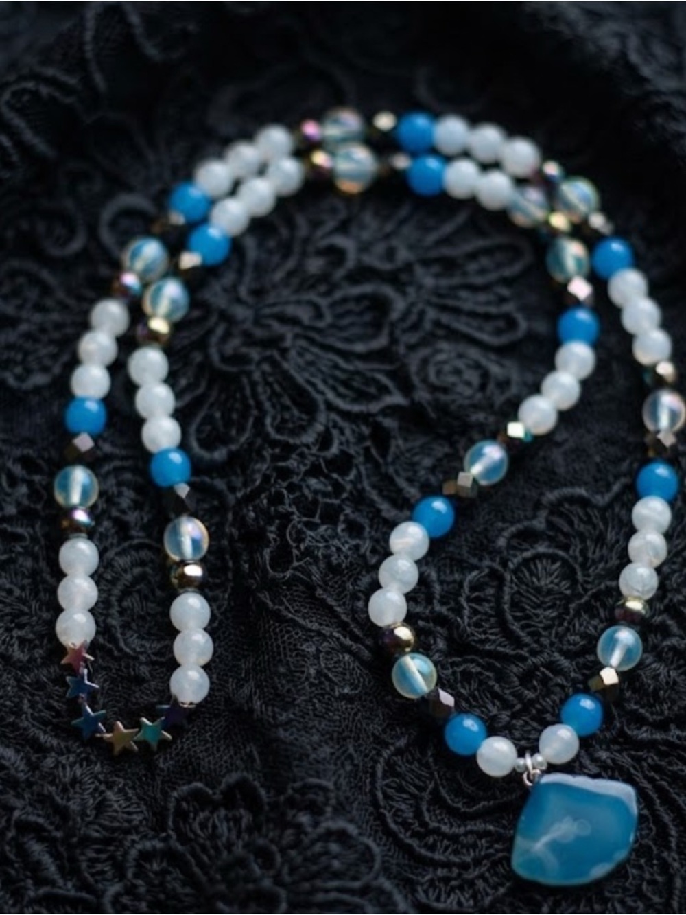 Snowy Mermaid Necklace (Blue Banded Agate, Moonstone, Blue Mermaid Iridescent)